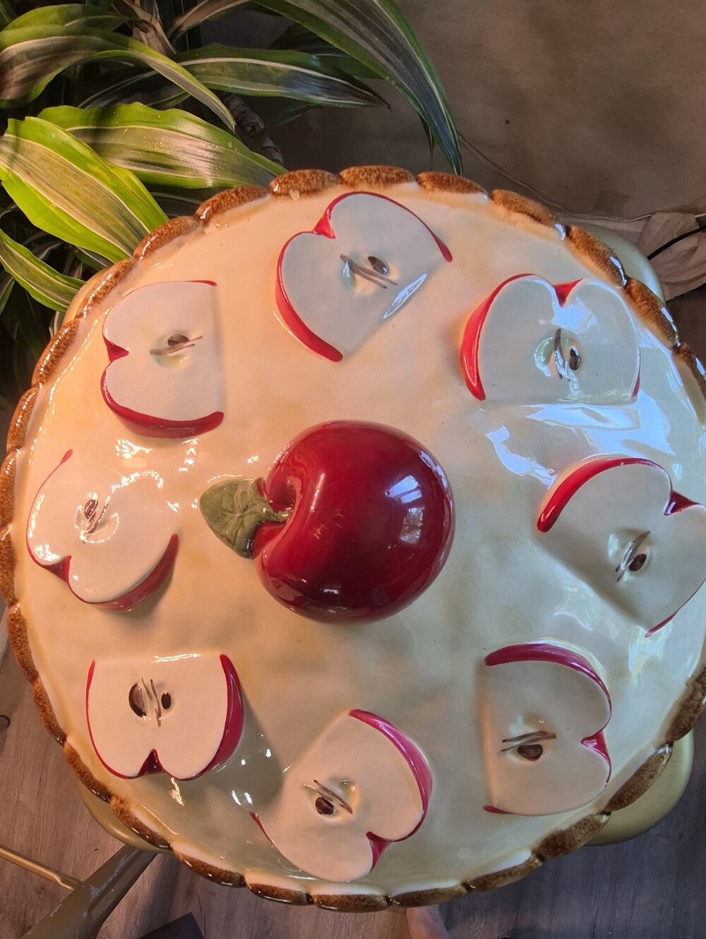 Vintage Ceramic Apple Pie Keeper Dish w/Lid - Made in Portugal Over and Back Inc